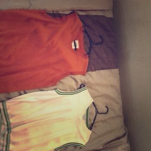 Two vest together orange and green with white